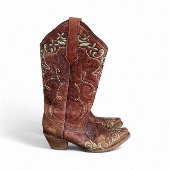 Women's western Cowboy boots vintage brown Leather Circle G Embroidered Stitch 8 - Picture 1 of 9